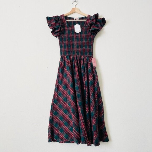NWT Ivy City Co. SMALL Hattie Smocked pocketed midi dress in Evergreen Plaid red - Picture 2 of 9
